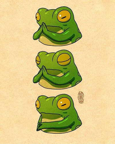 Une mignonne grenouille verte est représentée dans trois poses de méditation différentes sur un fond beige simple. (Sous-titré par IA)