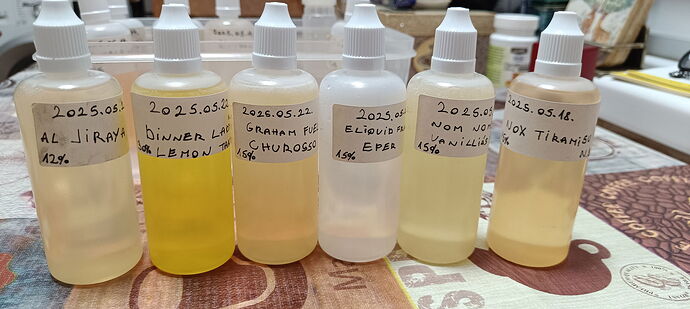 A képen hat műanyag palack látható, mindegyiken kézzel írt címke különböző dátumokkal, nevek és százalékos értékek szerepelnek. (Feliratozva AI-val)