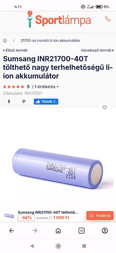 A képen egy Sumsang INR21700-40T tölthető, nagy terhelhetőségű li-ion akkumulátor termékoldala látható a Sportlámpa weboldalán, amely most kedvezményes áron vásárolható meg. (Feliratozva AI-val)