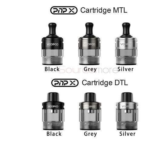 Voopoo PnP X Cartridge MTL and Cartridge DTL vaporizers shown in different colors (black, grey, silver). (Subtitled with AI)