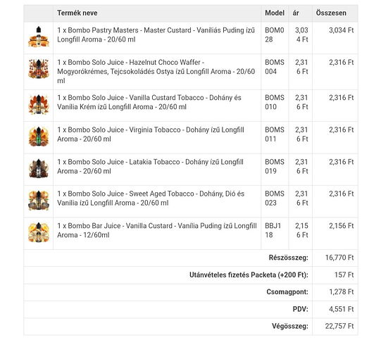 Cette image montre une liste d'achats de différents produits d'arômes e-liquides de la marque Bombo, avec leurs modèles, prix et le total de la commande. (Légendé par IA)