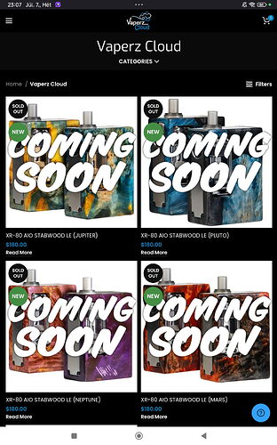 Capture d'écran d'un site Web présentant diverses cigarettes électroniques XR-80 AIO Stabwood LE, toutes avec les indications "COMING SOON" et "SOLD OUT", ainsi que les prix affichés. (Légendé par l'IA)