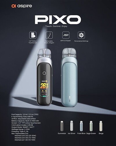 Az Aspire PIXO egy stílusos, érintőképernyős, személyre szabható beállításokkal és ASP 5.0 chipset-tel rendelkező elektromos cigaretta, amely több színváltozatban és állítható légáramlással érhető el. (Feliratozva AI-val)