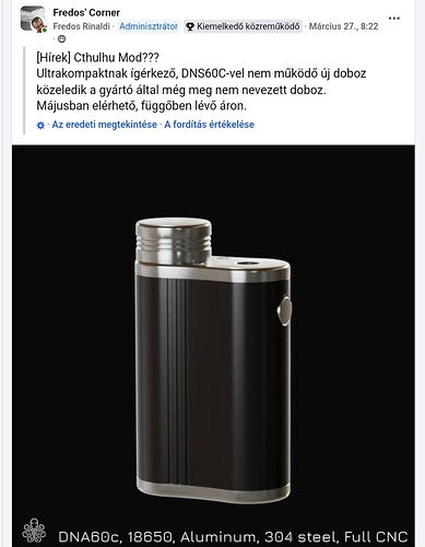 L'image montre une box ultra-compacte nommée Cthulhu Mod, qui fonctionne avec une puce DNS60C et est fabriquée en aluminium et en acier 304. (Sous-titré par IA)