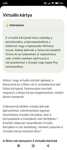 Information and user guide related to a virtual card, covering the application and operation of virtual cards for Revolut and Wise services in Hungarian. (Subtitled by AI)