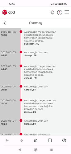 DPD package tracking data, which states that a package arrived in Budapest from France (Corbas, Jonage) in June 2025. (Subtitled by AI)