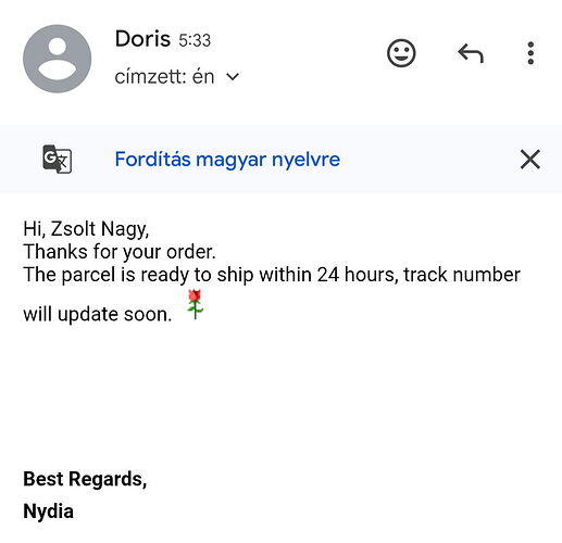 A képernyőfelvétel egy e-mailt mutat Doris-tól Zsolt Nagynak, amelyben megköszöni a rendelést, és tájékoztatja, hogy a csomag 24 órán belül feladásra kerül. (Feliratozva AI-val)