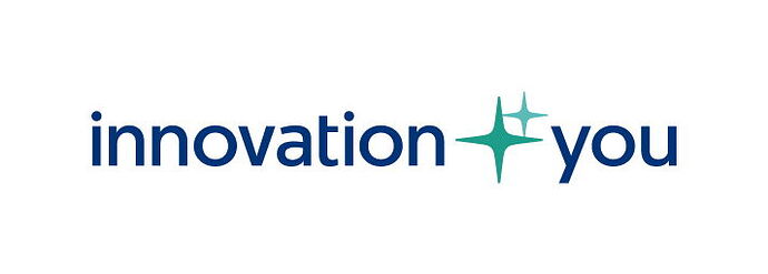 The image shows the text 'innovation + you', where the plus sign is replaced by two turquoise star symbols on a white background. (AI-generated caption)