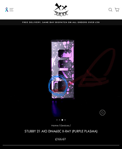 The image shows a webpage, which is a product page for a vape device, decorated with black, purple, and white splashes, with a port highlighted by a blue circle at the bottom. (Subtitled by AI)