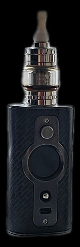 Un appareil de vape noir est visible sur la photo, avec du chrome brillant et des détails. (Légendé par IA)