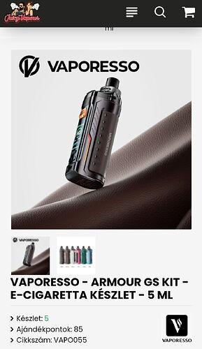 A képen a VAPORESSO márkájú ARMOUR GS KIT E-cigaretta készlet látható, amely 5 ml űrtartalmú, és több színváltozatban elérhető. (Feliratozva AI-val)