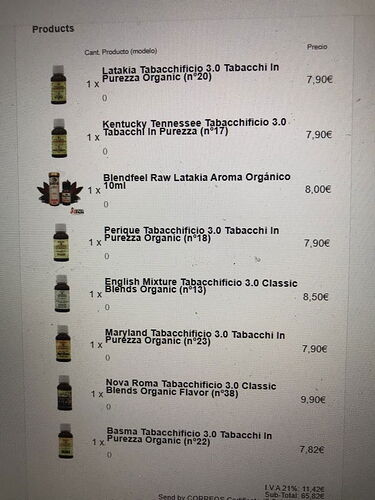 L'image montre une liste de différents arômes et saveurs, fabriqués à partir de tabac biologique, chacun avec son prix. (Légendé par IA)