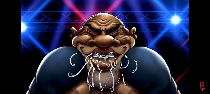 A caricature-like boxing fighter stands in the ring with narrowly narrowed eyes, a bitter facial expression, and saliva dripping from his mouth, with blue and red lights in the background. (Subtitled with AI)