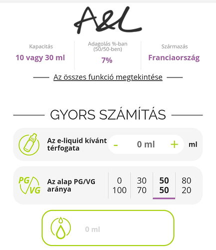The interface of an application or device that quickly calculates the PG/VG ratio of e-liquids made in France, branded Alfa and Lambda, with a dosage of 7%, in 10 or 30 ml capacity, is visible. (Caption by AI)