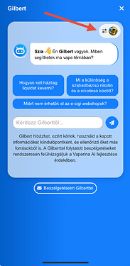Az képernyőképen egy chatbot, Gilbert, látható, aki vape témában nyújt segítséget felhasználói kérdések megválaszolásával és több előre megadott kérdés közül választható opcióval. (Feliratozva AI-val)