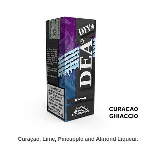 A képen egy DEA DIY Kayak aromás folyadékcsomagolás látható, amely Curacao és Ghiaccio ízesítésű. (Feliratozva AI-val)