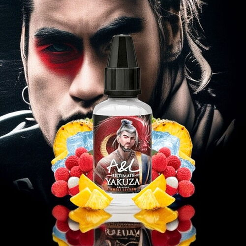 An image depicts a bottle of e-liquid surrounded by fruits such as pineapple, raspberry, and ice cubes, with a man of suspicious character in the background. (Captionized by AI)