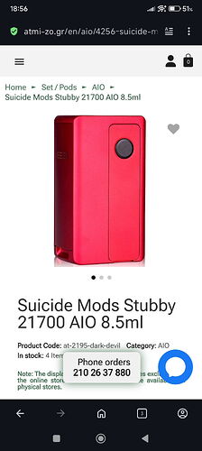 L'image montre un appareil rouge appelé "Suicide Mods Stubby 21700 AIO 8.5ml", avec ses spécifications techniques et les options de commande. (Légendé par IA)