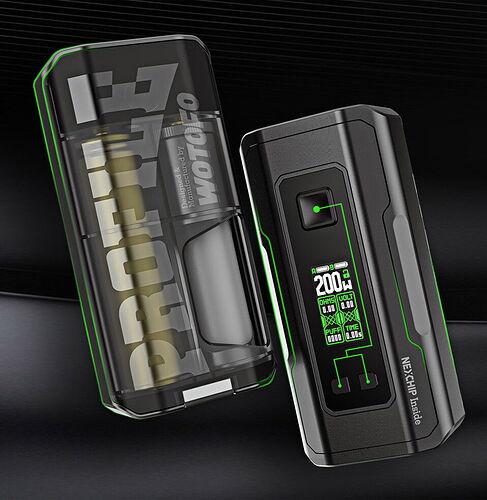 The image shows a Wotofo Profile 2/3 e-cigarette device with a digital display and a 200W power indicator. (AI-captioned)