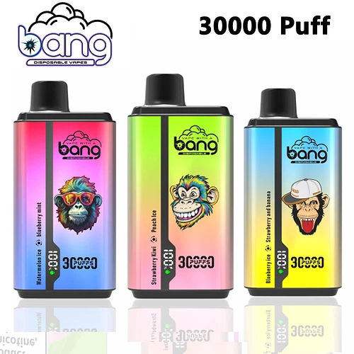 In the picture, three different flavored disposable vapes from the "bang" brand are visible, each designed for 30,000 puffs, decorated with colorful packaging and monkeys. (captioned by AI)