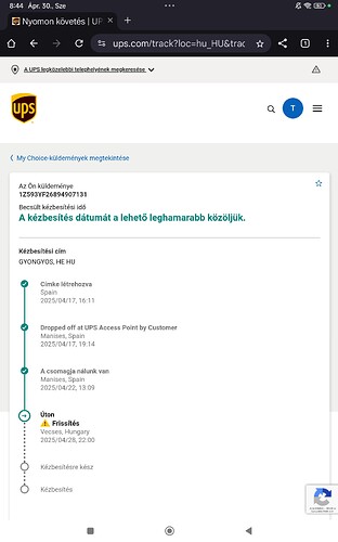 Visible on the UPS tracking page that a package originating from Spain has an update before delivery in Vecsés, Hungary. (AI-generated caption)