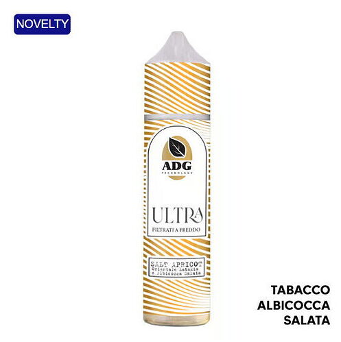 ADG Technology Ultra salt-apple flavored e-liquid bottle, with apricot and salad flavor, marked as a novelty product. (Caption by AI)