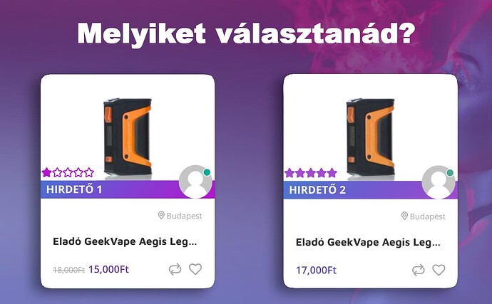 A képen két GeekVape Aegis Legend készüléket hirdetnek különböző árakon és értékelésekkel, a kérdés pedig az, hogy melyiket választanád. (Feliratozva AI-val)
