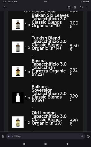 A képernyőn különböző Tabacchificio 3.0 Classic Blends szerves dohánykeverékek és áraik láthatók egy online vásárlási listán. (Feliratozva AI-val)