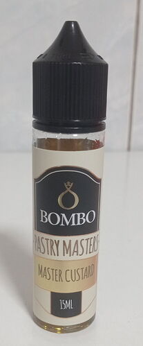 This image shows a 15ml bottle of liquid called Bombo Pastry Masters Master Custard. (Titled by AI)