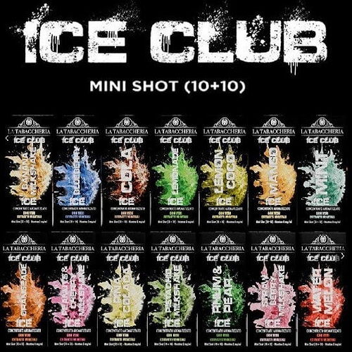 In the picture showing "ICE CLUB" mini shots, various flavors are found, such as Raspberry, Green Apple, and Limoncello. (Labeled by AI)
