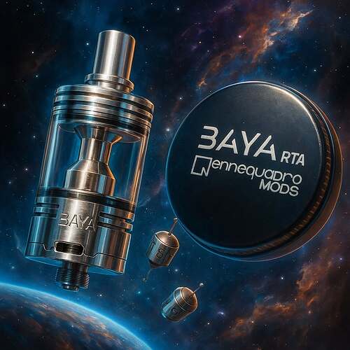 A BAYAN RTA vaporizer made of metallic parts floating in space, and its parts, with Earth and a starry sky in the background. (Captioned by AI)