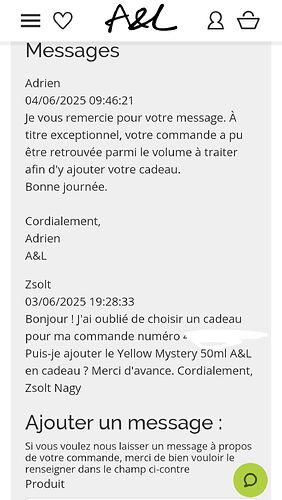 Dans l'échange de messages, un client, Zsolt, demande un cadeau pour sa commande, ce qu'Adrien confirme qu'ils peuvent exceptionnellement ajouter à la commande. (Sous-titré par IA)