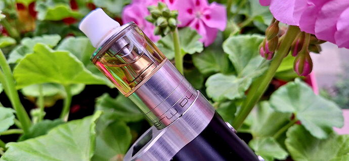 The image depicts an airflow-less e-cigarette (vape) tank, which is placed in front of green leaves and pink flowers. (Subtitled by AI)