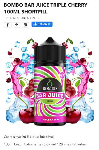 The image shows Bombo Bar Juice Triple Cherry, a cherry-flavored, 100ml, nicotine-free E-Liquid, in the form of a bottle decorated with ice cubes and cherries. (Captioned by AI)