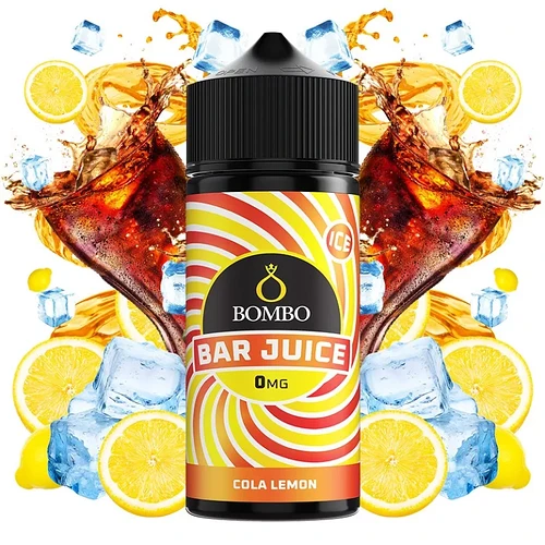 Sur la photo, une bouteille d'e-liquide Bombo Bar Juice Cola Lemon, décorée de glaçons et de rondelles de citron, est visible. (Légendé par IA)