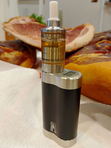 Depicts a Dicodes device, with a By-Ka SE tank, in front of which is a large piece of ham. (Labeled with AI)