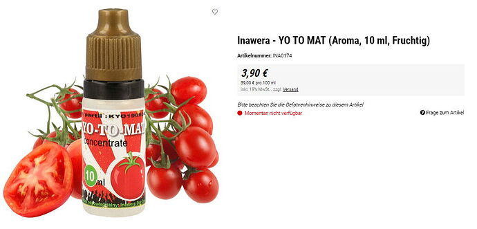 The image depicts a 10ml bottle of Inawera "YO TO MAT" flavor, next to fresh tomatoes. (Subtitled by AI)