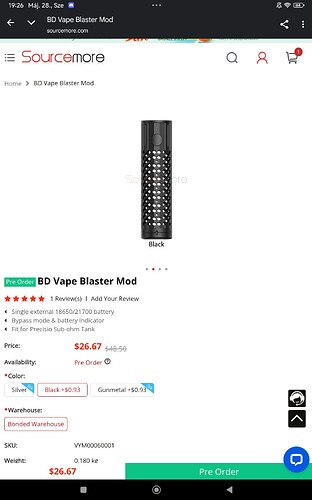 The page offers a vape device called BD Vape Blaster Mod, black in color, powered by a single 18650/21700 battery, for pre-order at a price of $26.67. (Subtitled by AI)
