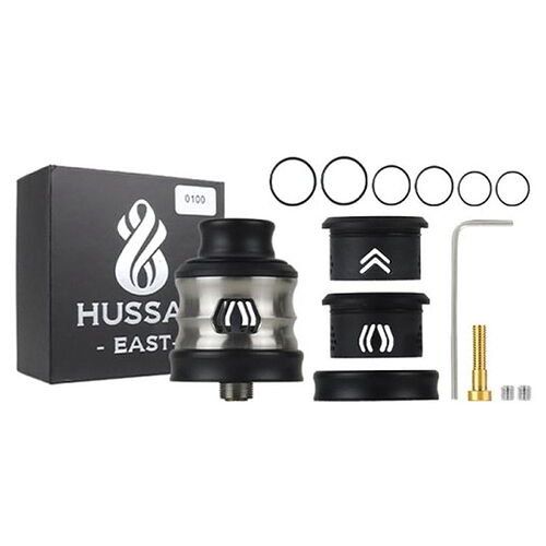 An image shows accessories and parts of a Hussar East RDA vaporizer along with a box. (Annotated by AI)
