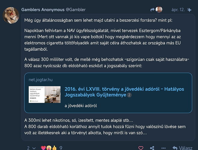 A Twitter post in which the author informs that they asked the NAV customer service how much e-cigarette liquid can be brought in for personal use from another EU member state, and according to the answer, 300 ml and 800 disposable devices are allowed based on the excise law. (Subtitled by AI)