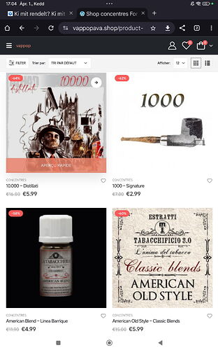 L'image montre une liste de produits d'une boutique en ligne, présentant divers arômes et produits du tabac avec leurs prix. (Légendé par IA)