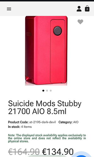A red, modern vape device named "Suicide Mods Stubby 21700 AIO 8.5ml" is shown in the image, available at a discount. (Autogenerated by AI)