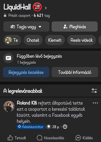 Ez a kép egy zárt Facebook-csoport, a LiquidHall adminisztrátori nézetét mutatja, ahol látható, hogy a csoportot rejtett állapotúvá tették a keresési találatok között. (Feliratozva AI-val)
