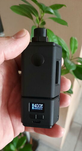 Un appareil de vapotage noir dont l'écran numérique affiche 40.0°, tenu par une main devant une plante. (Légendé par IA)