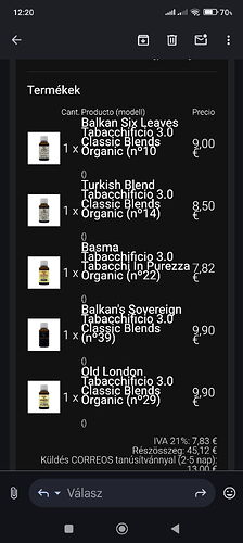 This is a screenshot of an online order containing organic tobacco products of various flavors and brand labels with prices and shipping information. (Captioned with AI)
