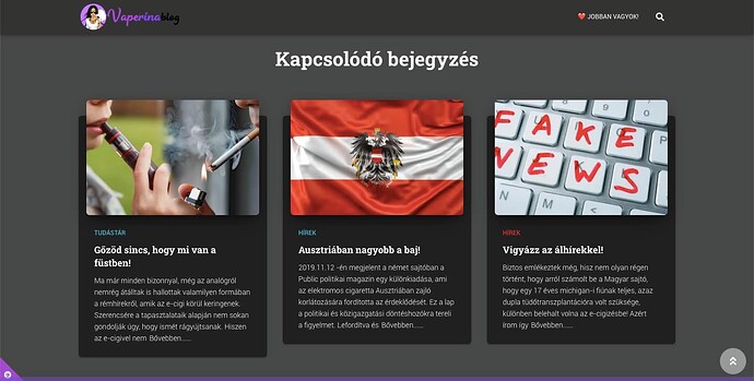 A képernyőn egy blog „Kapcsolódó bejegyzések” szekciója látható három különböző témájú cikkel, amelyek az e-cigarettával, Ausztriával kapcsolatos hírekkel és álhírekkel foglalkoznak. (Feliratozva AI-val)