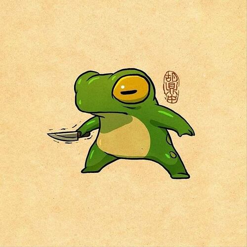 Une grenouille verte dessinée se tient dans une pose martiale, tenant un couteau dans sa main devant un fond clair. (Sous-titré par IA)