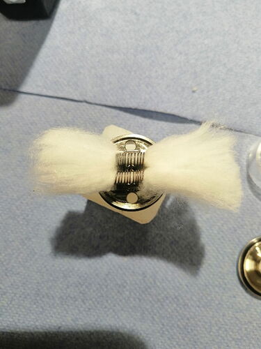 The image shows a coil mounted on a metal base with cotton, likely part of an electronic device. (Caption by AI)