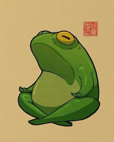 A drawn green frog sitting in a meditative pose is depicted on a beige background, and a red seal is visible next to it. (Labeled by AI)