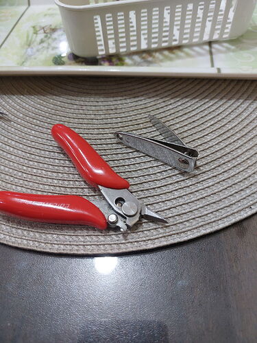 Un coupe-ongles avec une poignée rouge et une petite pince à ongles en métal sont visibles sur une table, avec un porte-objets en plastique blanc derrière. (Légendé par l'IA)